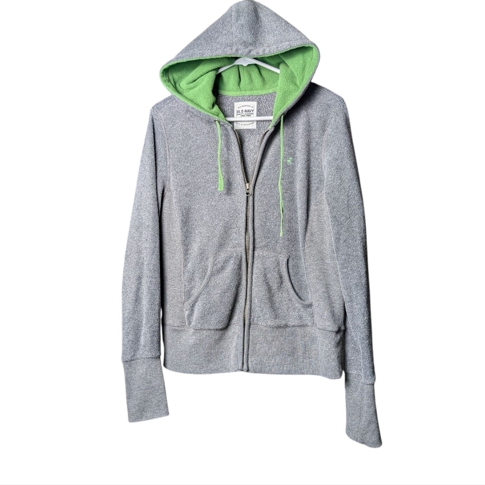 Old Navy Gray Hoodie Green Lining Women's L Drawstring Hood Full Zipper Front - Picture 9 of 10